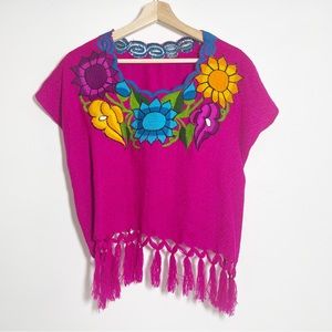 NWOT Mexican Huipil Rebozo Cropped Top Blouse Fringed Hot Pink One Size